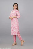 Coral pink rayon contrast print kurti-plazzo set for women, single piece in size L with three-quarter sleeves from India
