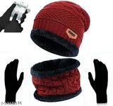 Wool beanie with gloves mufflers, four free size solid wool accessories from India