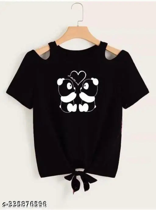 Black Lycra crop top with double panda and heart print, short sleeves for women