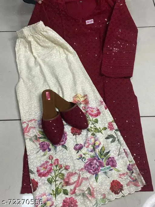 Cotton Cambric alisha designer kurti pallazo set, embroidered net, three-quarter sleeves, India origin