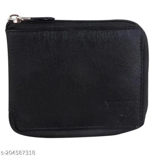 Black faux leather wallet, 3 card slots, 2 secret compartments, 1 coin pocket, solid design for men, women, girls. Ethically sourced genuine leather, RFID protection, secure zip fastening. Indian-origin product with slight variations in color and texture due to natural leather characteristics