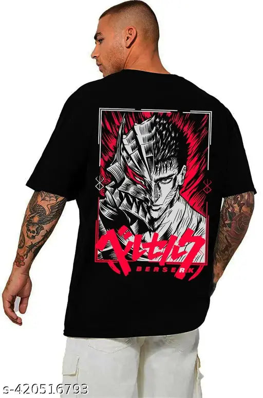 Black cotton oversize Berserk t-shirt with panda print, loose fit for women