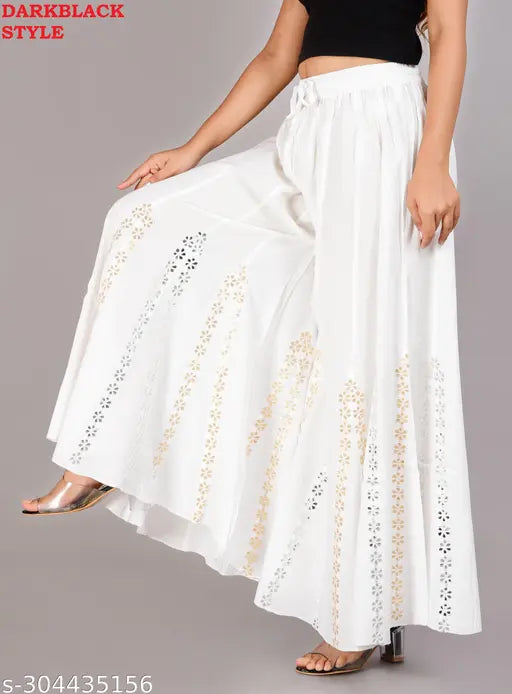 White rayon embroidered palazzo with mirror flower work styles, free size, suitable for women and girls, Indian Aari work