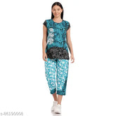 Aqua cotton net pajama top with black & glitter floral print (S-XL), paired with matching capri pants - Indian fashion