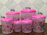 Pink plastic mixer jars, airtight and stackable for grocery storage, 12kg, 8kg, 6kg, 3kg, 2kg, 1kg set (Veksin)
