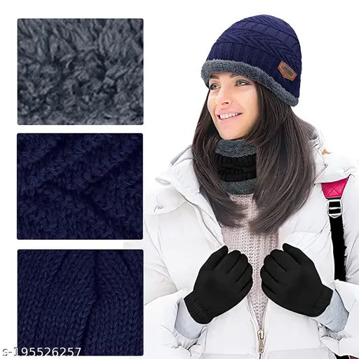 Blue wool beanie cap with fur muffler, snow-proof and warm, universal fit for men and women