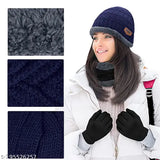 Blue wool beanie cap with fur muffler, snow-proof and warm, universal fit for men and women