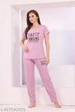 Trendy attractive women's cotton blend nightsuit in print, soft and comfortable, available in multiple colors: Black, Maroon, Grey, Purple, Pink, Wine, Firoji Blue, Olive Green, Navy Blue