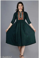 Rayon embroidered anarkali kurti for women - trendy, solid-colored rayon dress with three-quarter sleeves, made in India