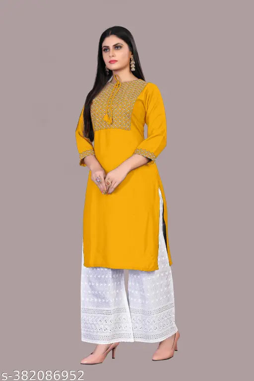 Women's rayon A-line solid long kurti with printed net palazzos, three-quarter sleeves in multiple sizes