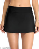Black high-waist acrylic swim skirt with built-in shorts, tummy control for women. Comfortable activewear for pool parties or beach vacations