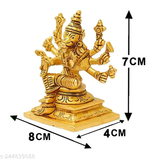 Brass Varahi Amman 8-handed statue, gold color, 7 cm x 4 cm. Depiction of Lord Vishnu's Varaga Avatar Idol, Indian origin