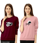 Cotton Blend Women's Full Sleeve Maroon & Peach Printed T-Shirts, versatile for monsoon wear, comfortable in all seasons