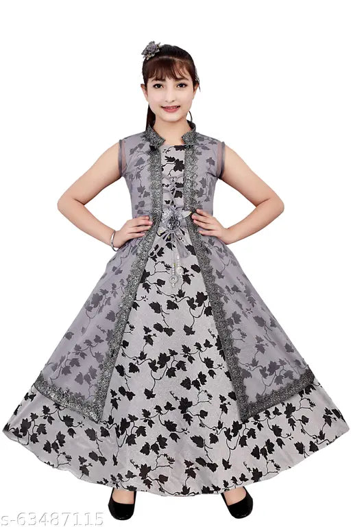 Gray printed net Sarak Gown for girls' party wear, sleeveless with sizes ranging from 3-4 years to 14-15 years