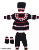 Woolen QOC new born baby winter special 4pc frock in self-design net pattern. Four piece complete frock for kid." (98 characters)