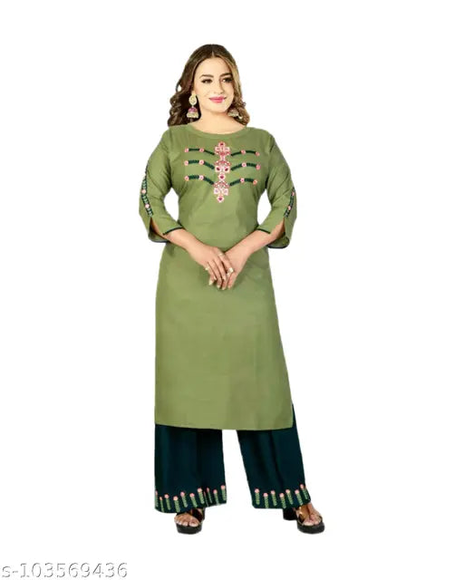 Embroidered rayon kurti & plazzo set, soft & skin-friendly fabric, Indian fashion wear