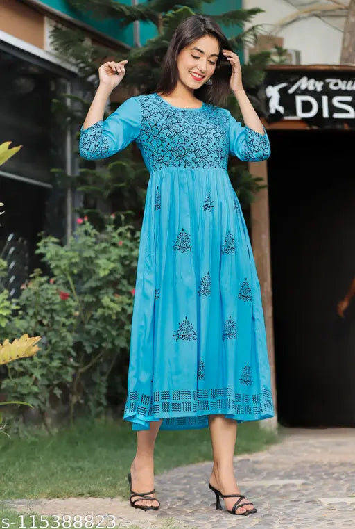 Sky blue rayon hand block print detail Anarkali kurti, three-quarter sleeves, printed long flair design for women