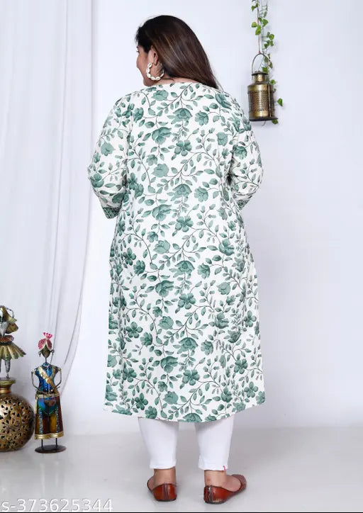 Green and white floral print plus size cotton straight kurta for women, three-quarter sleeves