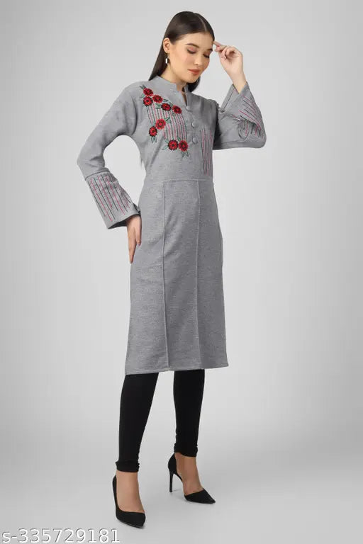 Woolen long kurta, solid color embroidery work by CHRISTY'S COLLECTION. Women's large (38in bust) or extra-large (40in bust), woolen long sleeves from India