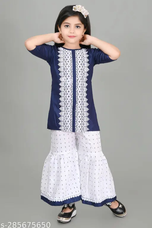 Cotton Sarara girls kurta set, A-line with embroidered print work and sharara bottom. Comfortable for kids aged 5-10 years, made in India