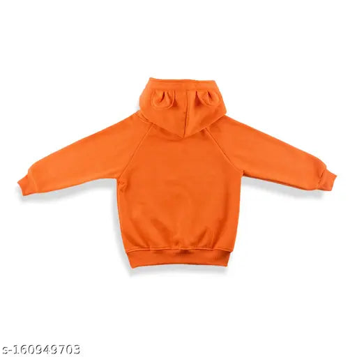 Orange cotton blend unisex teddy ear style kids' hoodie, warm and soft for boys and girls. Cute baby clothing for winter wear, suitable for 1 year old baby and up. Made in India, size 3-4 years (chest size: 14 in, length size: 16 in)