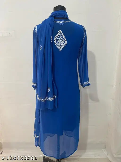 Georgette Chikan long kurti, three-quarter sleeves, embroidered Indian fashion, S size