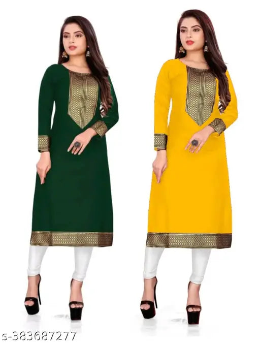 Multi color slub cotton straight kurti combo pack of 2, three quarter sleeves, solid print, lace border, women's wear, India origin