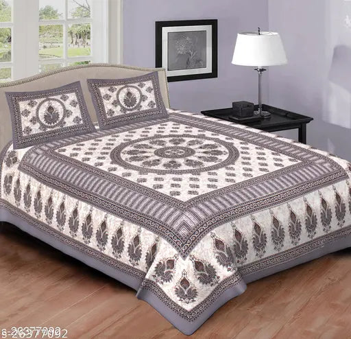 Sanganeri cotton queen double bed sheet, 90x100 with 2 pillow covers, Indian-made decorative bedroom essential