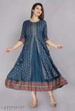 Royal Blue rayon printed front slit Anarkali gown kurta kurtis with three-quarter sleeves, Indian ethnic wear
