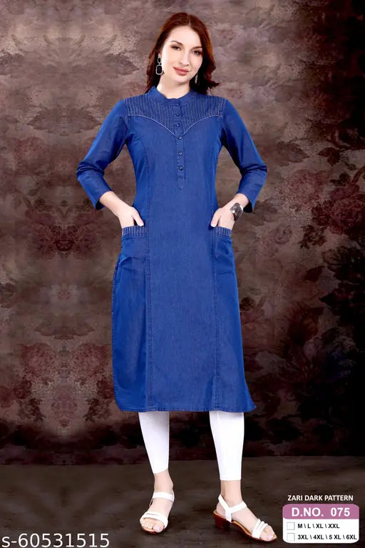 Denim Kurti with Zari Pintex Work, solid combo, three-quarter sleeves, M-6XL sizes available. Traditional Indian tunic made from sturdy denim fabric with possible embroidery and prints