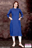 Denim Kurti with Zari Pintex Work, solid combo, three-quarter sleeves, M-6XL sizes available. Traditional Indian tunic made from sturdy denim fabric with possible embroidery and prints