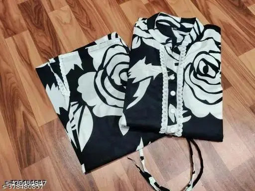 Printed Rayon Kurta Pant Set, SH White & Black, three-quarter sleeves, Indian designer fashion on model