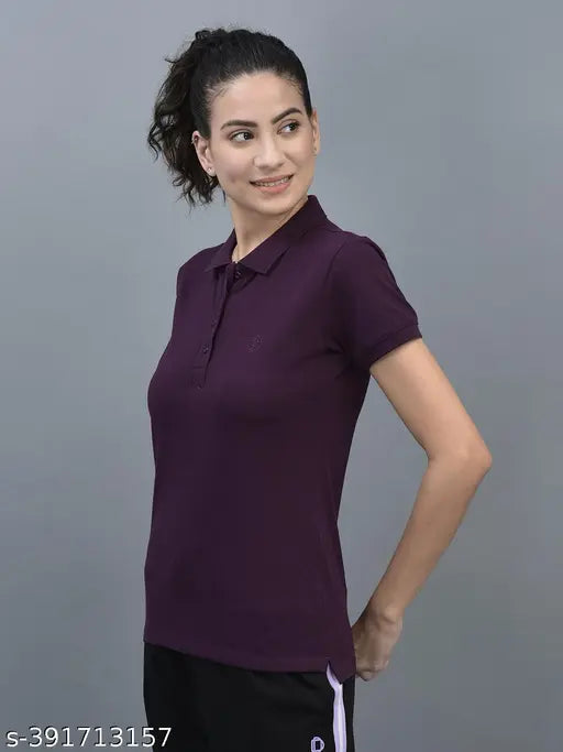 Purple cotton blend polo neck t-shirt, perfect addition to women's athleisure wardrobe, embroidered logo branding