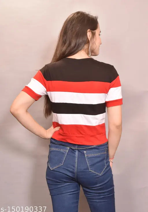 Colorblock cotton blend women's t-shirt, short sleeves, vibrant and adorable by Myali, India