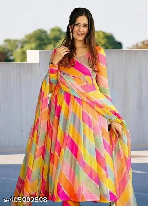 Pink digital printed georgette kurta set with dupatta for women, new trendy style, three-quarter sleeves. Indian women's formal wear, festive occasion, maxi dress." (120 characters)