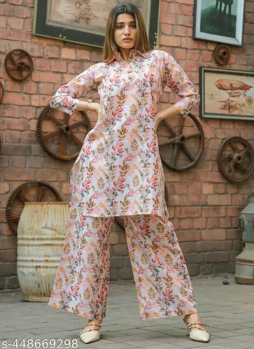 Premium cotton blend coord set for women & girls, loose fit kurta with printed net design, wide leg palazzo bottoms with elasticated waistband