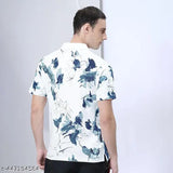 Men's white floral print polo neck cotton blend T-shirt, short sleeves, style up casual outfit