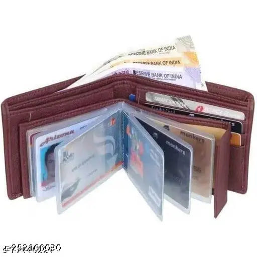Brown PU leather men's wallet, durable cloth lining, 2 compartments, free size (11cm x 9cm)