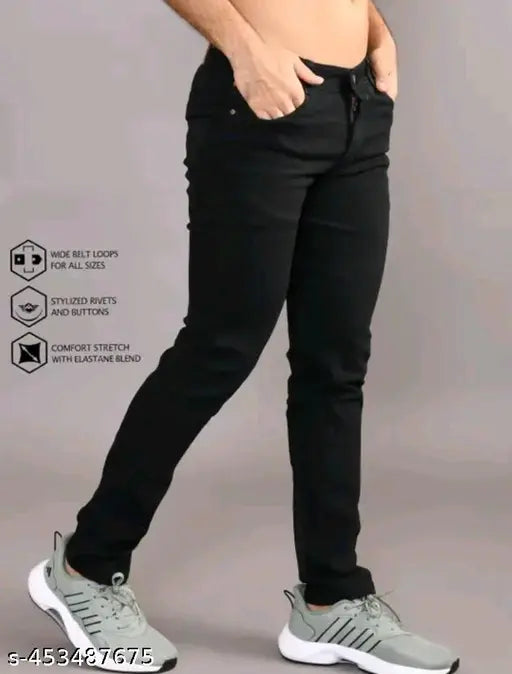 High-quality black denim slim fit men's jeans, ideal for versatile and comfortable wear