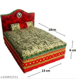 Handcrafted wooden pooja chowki in red, white, and green, traditional Singhasan net style from India