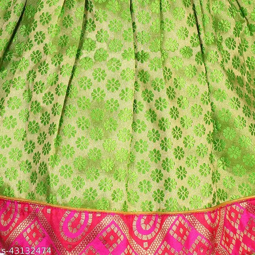 Green and pink designer mysore cotton frock for baby girls, self-design net pattern on sleeveless dress