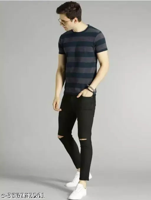 Polycotton slim fit black jeans, five pockets, machine washable, reversible facility, good size, solid pattern, denim fabric. India origin. 28", 30", or 32" waist and 41" length