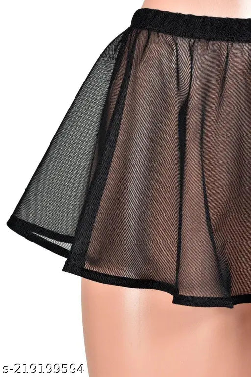 Black stretch mesh net mini skirt for women, fun indoor wear, layered over leggings or as a swim cover-up. Sizes available: 24, 26, 28, 30, 32, 34 (inches). Made in India