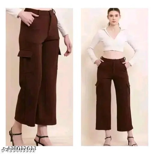 Solid cotton-lycra four pocket cargo pants for women, trendy and versatile for both formal and casual outfits, featuring belt loops and a front fly