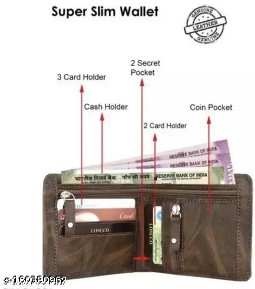 Trendy two-fold men's pocket wallet in faux leather, featuring 3 compartments, textured design, and compact size (12cm x 9cm). Durable and stylish accessory handcrafted in India