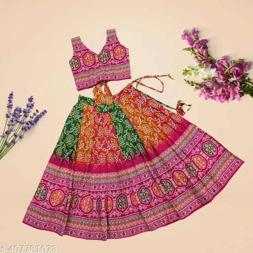 Rayon blend polka dot ethnic lehenga choli set for girls, 2-8 years, handcrafted in India