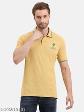 Men's mustard printed cotton polo t-shirt with short sleeves, vibrant design