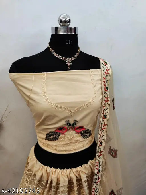 Embroidered net lehenga set by Alisha, Indian semi-stitched (waist 42in, length 44in), adorned choli and dupatta