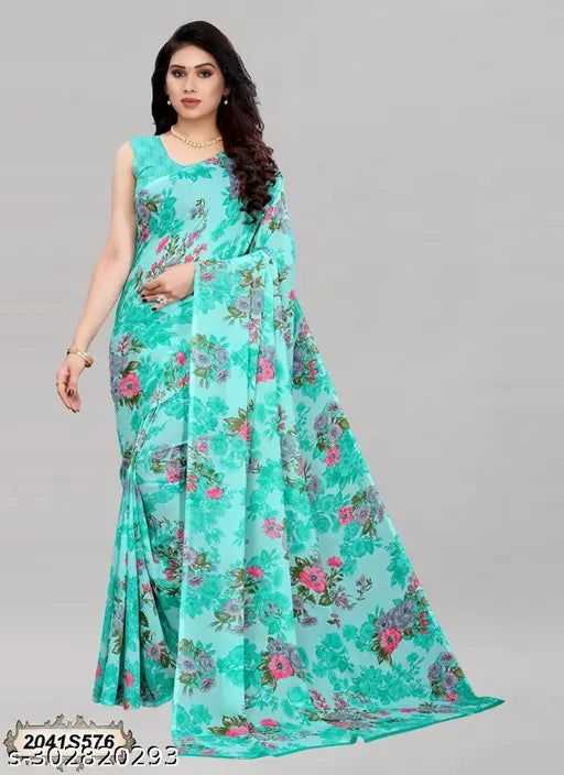 Three printed Georgette sarees, India - vibrant zari woven net design, free size