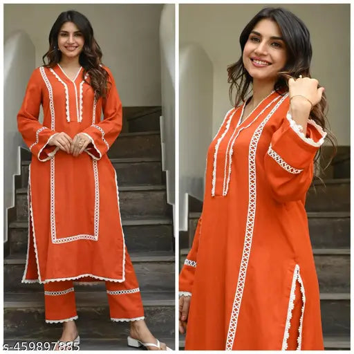 Viscose rayon lace work Kurta set, Pakistani embroidery on fancy bordered sleeves and pants, versatile Indian festive wear for women and girls
